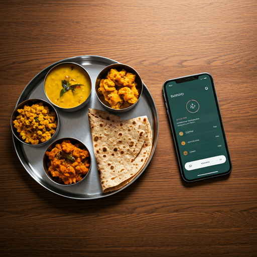 The EatFitt app showing a daily meal plan surrounded by fresh produce